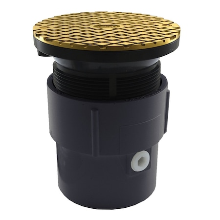 Jones Stephens 3in. x 4in. PVC Pipe Fit Base Cleanout with 3-1/2in. Plastic Spud and 5in. Polished Brass Cover C59216